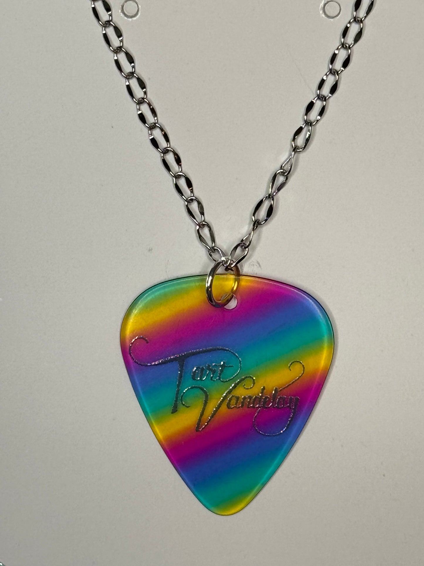 Guitar Pick Necklace - Rainbow Large Silver Chain