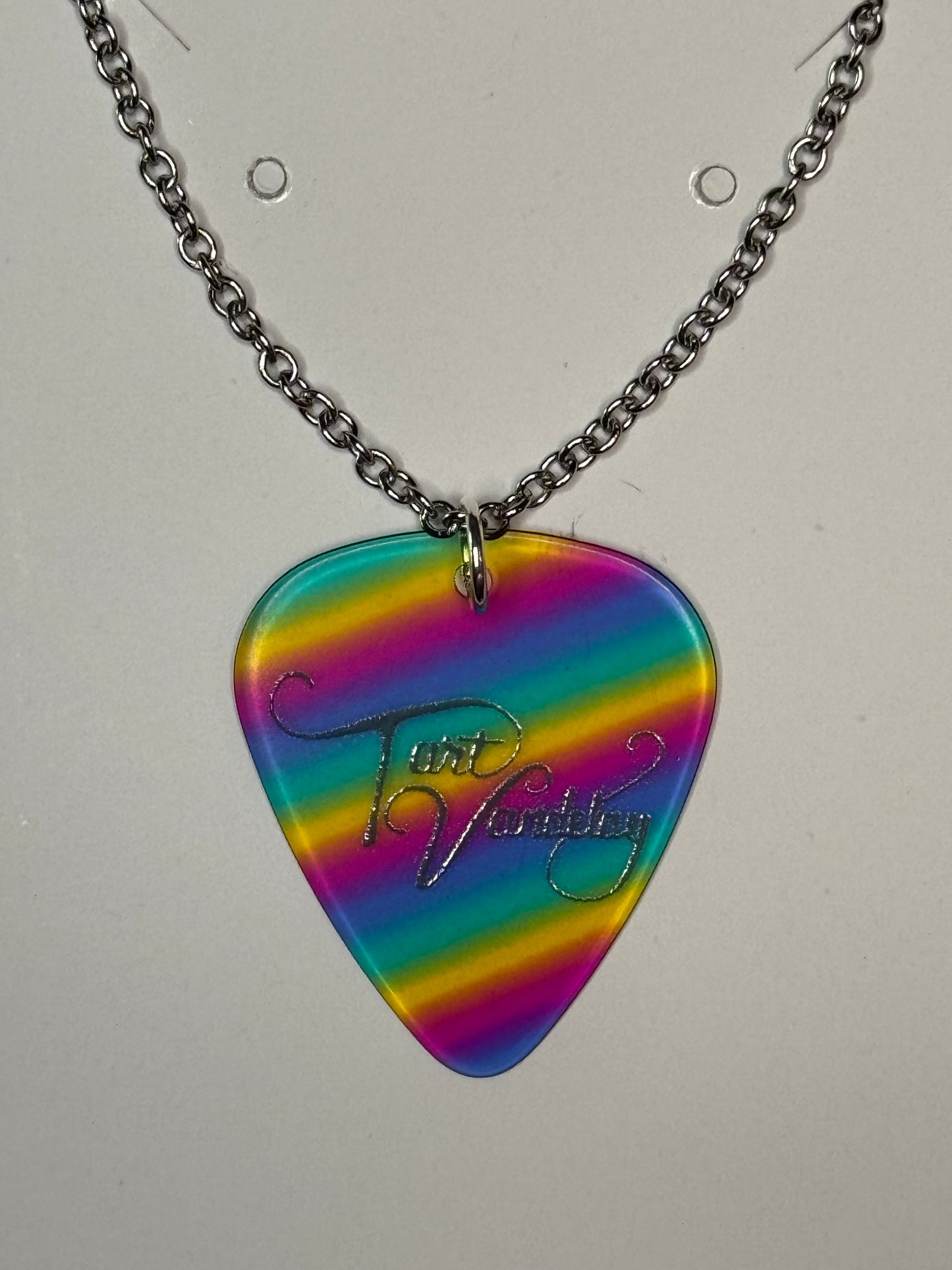 Guitar Pick Necklace - Rainbow Small Silver Chain