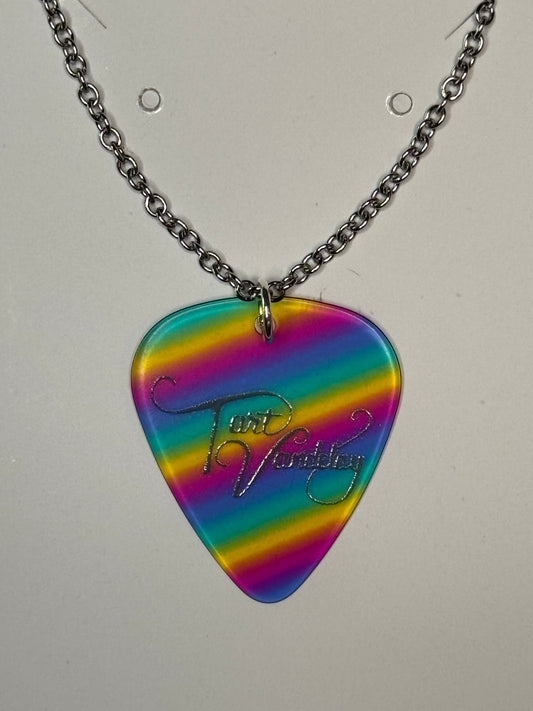 Guitar Pick Necklace - Rainbow Small Silver Chain
